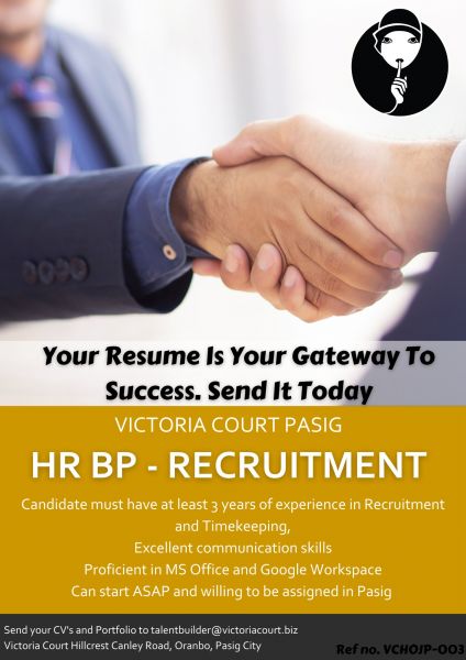 Jobtalk - HR Business Partner vacancy in Pasig! Hiring by Victoria Court Pasig