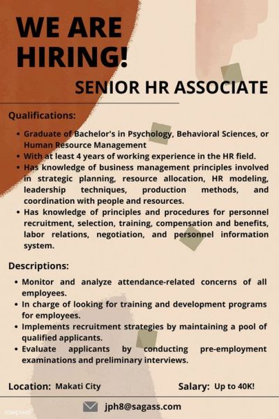 Jobtalk - Senior HR Specialist vacancy in Makati! Hiring by SAGASS Consulting