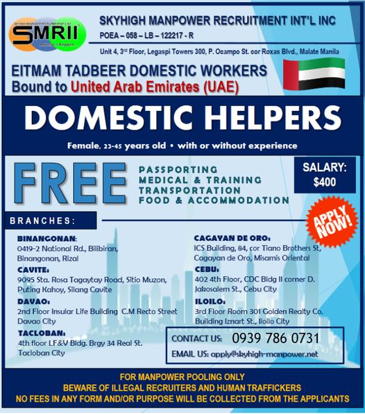 Jobtalk - Looking for Domestic Helper bound for United Arab Emirates! Recruited and managed by Skyhigh Manpower Int.