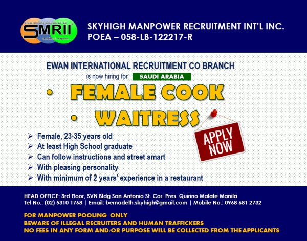 Jobtalk - Looking for Cook bound for Saudi Arabia! Recruited and managed by EWAN International