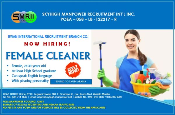 Jobtalk - Looking for Cleaner bound for Saudi Arabia! Recruited and managed by Ewan International Recruitment