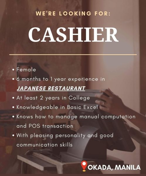 Jobtalk - Cashier vacancy in Parañaque! Hiring by DIMAK Solutions Corp.