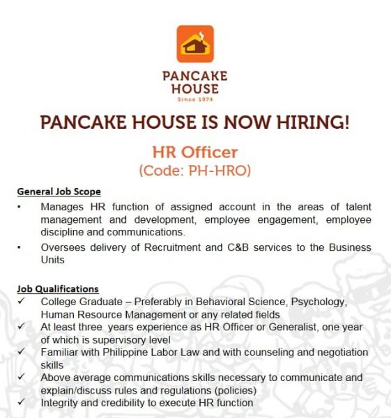 Jobtalk - HR Officer vacancy in Makati! Hiring by Pancake House