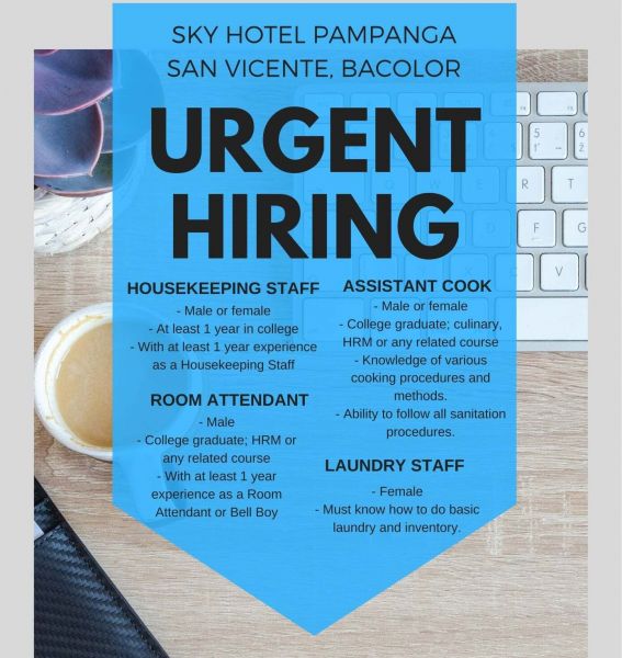 Jobtalk - Housekeeping vacancy in Bacolor! Hiring by Sky Hotel Pampanga