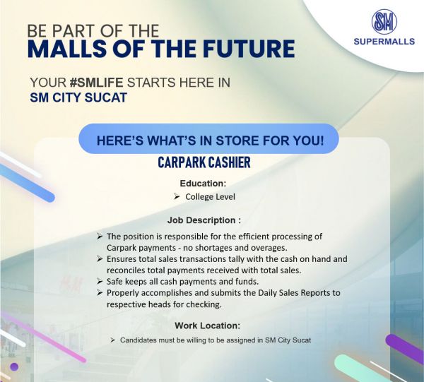 Jobtalk - Cashier vacancy in Parañaque! Hiring by SM Supermalls