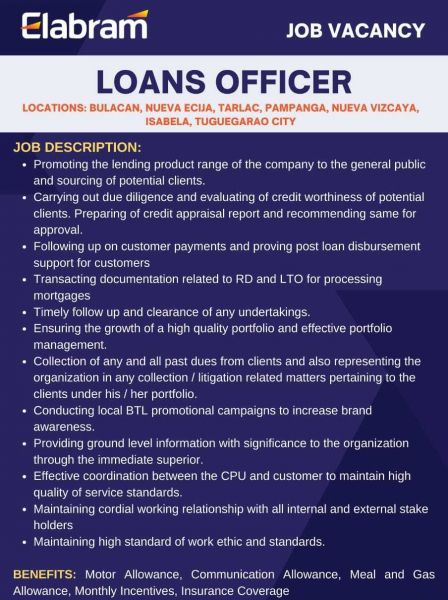 Jobtalk - Loan Officer vacancy in Ilagan City! Hiring by Elabram Group