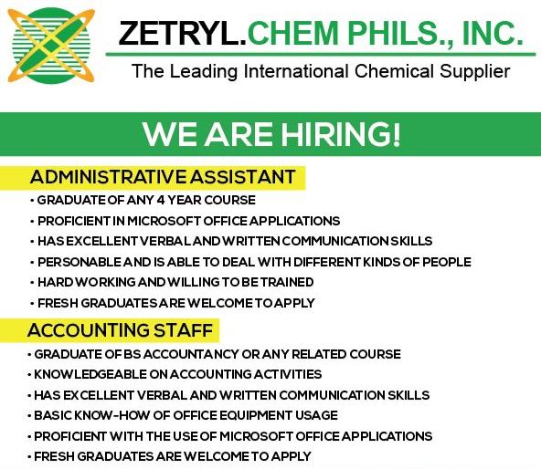 Jobtalk - Accounting Assistant vacancy in Quezon City! Hiring by Zetryl Chem Phils. Inc
