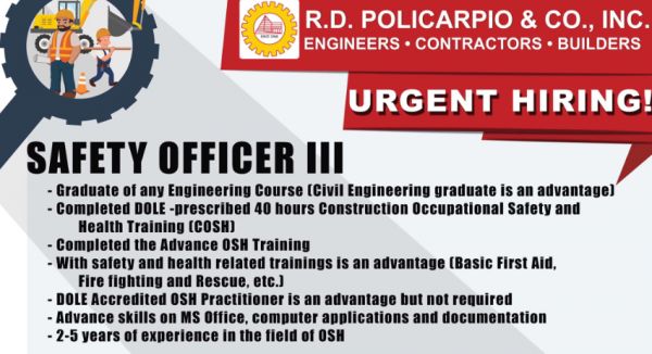 Jobtalk - Safety Officer vacancy in Porac! Hiring by R.D. Policarpio & Co., Inc.