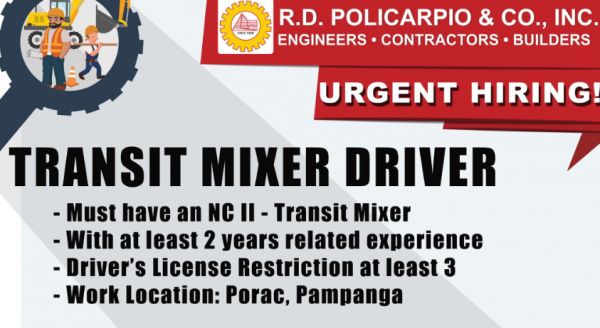 Jobtalk - Transit Mixer Driver vacancy in Mabalacat City! Hiring by R.D. Policarpio & Co., Inc.