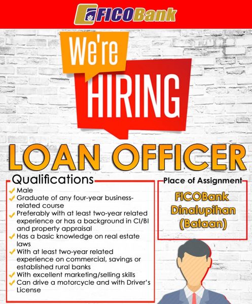 Jobtalk - Loan Officer vacancy in Dinalupihan! Hiring by Ficobank