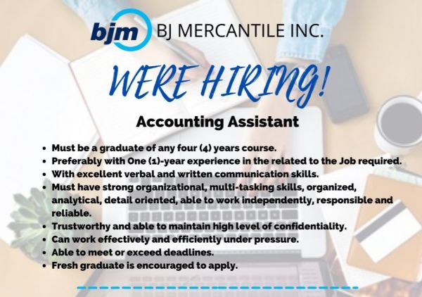 Jobtalk - Accounting Assistant vacancy in Quezon City! Hiring by BJ Mercantile Inc.