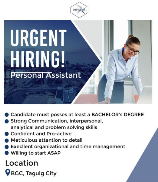 Jobtalk - Personal Assistant vacancy in Taguig City! Hiring by Imprexis Global Inc. Recruitment