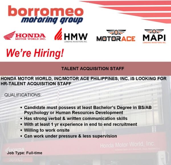 Jobtalk - Talent Acquisition Assistant vacancy in Cebu City! Hiring by Borromeo Motoring Group