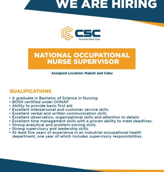 Jobtalk - Nurse Supervisor vacancy in Makati! Hiring by Concrete Stone Corp
