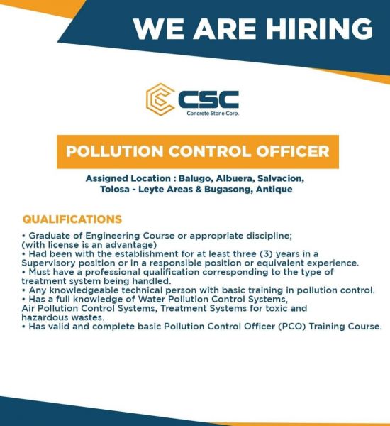 Jobtalk - Pollution Control Officer vacancy in Tolosa! Hiring by Concrete Stone Corp