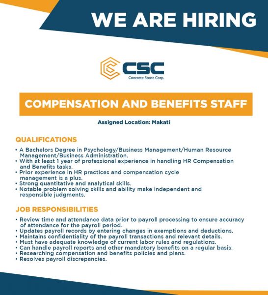 Jobtalk - HR Assistant vacancy in Makati! Hiring by Concrete Stone Corp