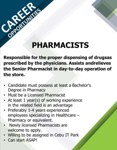 Jobtalk - Pharmacist vacancy in Mandaue City! Hiring by Metro Retail Stores Group Inc.