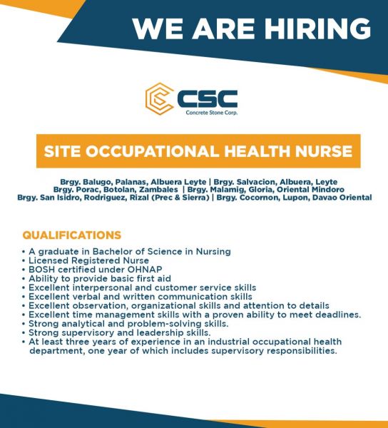 Jobtalk - Company Nurse vacancy in Albuera! Hiring by Concrete Stone Corp