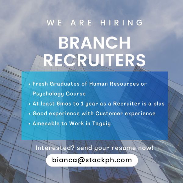 Jobtalk - Branch Recruiter vacancy in Taguig City! Hiring by Bill Gosling Outsourcing