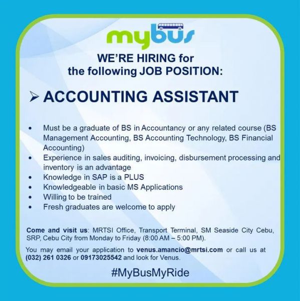 Jobtalk - Accounting Assistant vacancy in Cebu City! Hiring by Metro Rapid Transit Service Inc.
