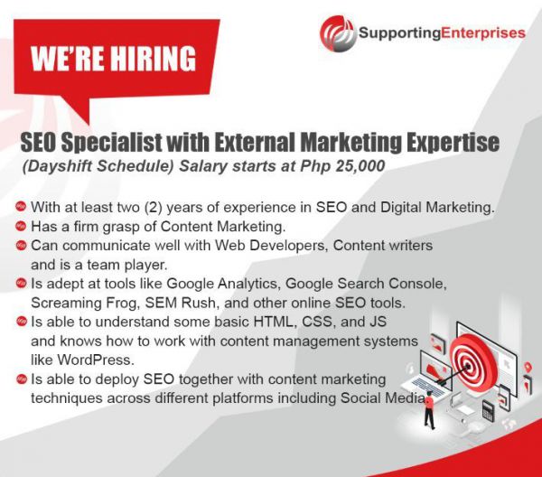 Jobtalk - SEO Specialist vacancy in Cebu City! Hiring by Supporting Enterprises Pty Ltd.