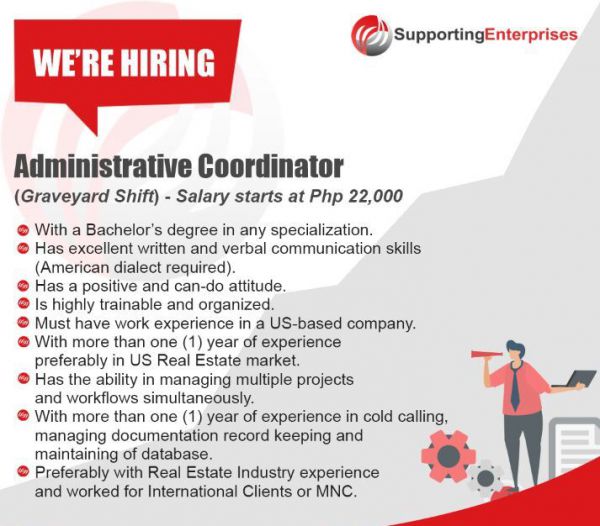 Jobtalk - Admin Coordinator vacancy in Cebu City! Hiring by Supporting Enterprises Pty Ltd.