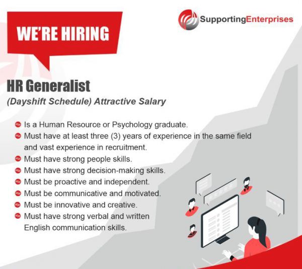 Jobtalk - HR Generalist vacancy in Cebu City! Hiring by Supporting Enterprises Pty Ltd.