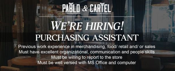Jobtalk - Purchasing Assistant vacancy in Makati! Hiring by Pablo Bistro & Cartel Deli