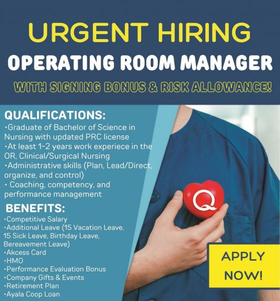 Jobtalk - Operation Room Manager vacancy in Ermita! Hiring by Qualimed Manila Surgery Center