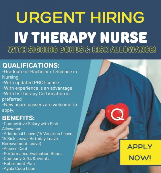 Jobtalk - IV Therapy Nurse vacancy in Ermita! Hiring by Qualimed Manila Surgery Center