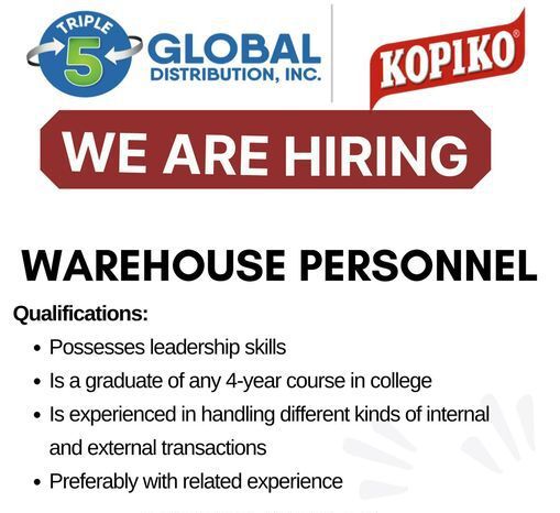 Jobtalk - Warehouse Specialist vacancy in Iloilo City! Hiring by TRIPLE Five Global Distribution, Inc.
