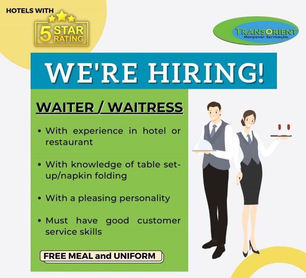 Jobtalk - Waiter vacancy in Parañaque! Hiring by Transorient Manpower Services, Inc.