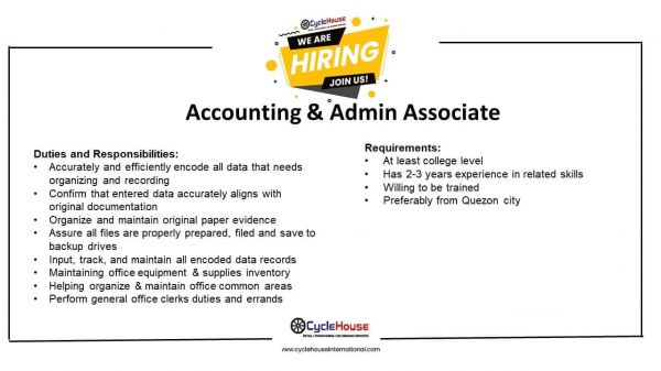 Jobtalk - Admin Associate vacancy in Quezon City! Hiring by Cyclehouse Philippines