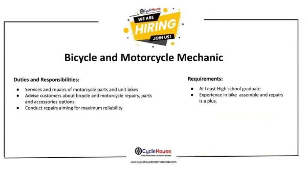 Jobtalk - Bicycle Mechanic vacancy in Quezon City! Hiring by Cyclehouse Philippines