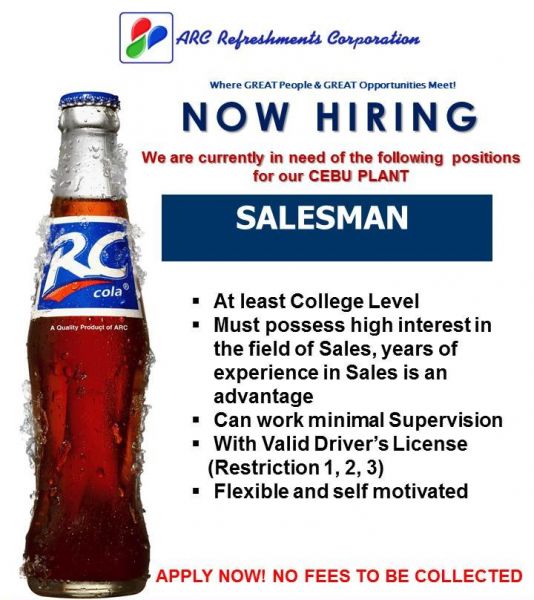 Jobtalk - Salesman vacancy in Mandaue City! Hiring by ARC Refreshments Corporation