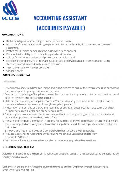Jobtalk - Accounts Payable Officer vacancy in Pasig! Hiring by K.U.S Structural Components Inc.