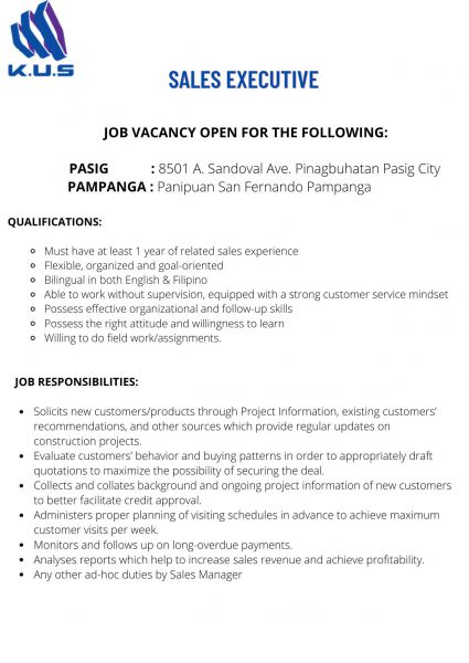 Jobtalk - Sales Executive vacancy in Pasig! Hiring by K.U.S Structural Components Inc.