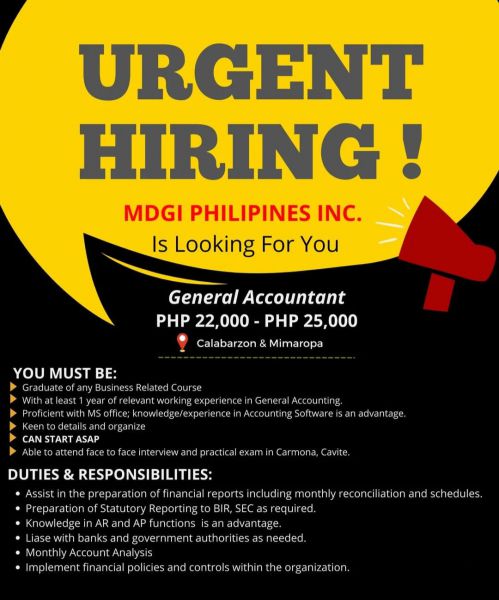 Jobtalk - General Accountant vacancy in Carmona! Hiring by MDGI Philippines Inc.