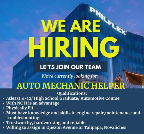 Jobtalk - Auto Mechanic Helper vacancy in Quezon City! Hiring by Philflex Wires & Cables