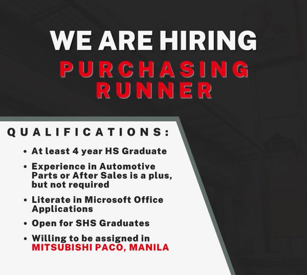 Jobtalk - Purchasing Runner vacancy in Paco! Hiring by Union Motor Corporation