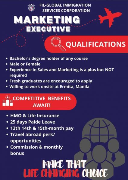 Jobtalk - Marketing Executive vacancy in Ermita! Hiring by Fil-global Immigration Services Corp