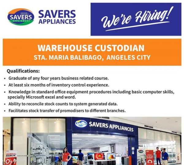 Jobtalk - Inventory Custodian vacancy in Angeles City! Hiring by Savers Electronic World Inc.