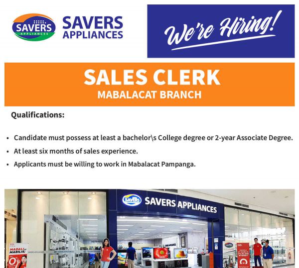 Jobtalk - Sales Clerk vacancy in Mabalacat City! Hiring by Savers Electronic World Inc.