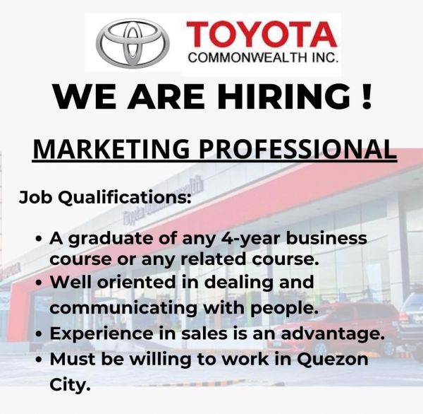 Jobtalk - Marketing Specialist vacancy in Quezon City! Hiring by Toyota Commonwealth Inc.