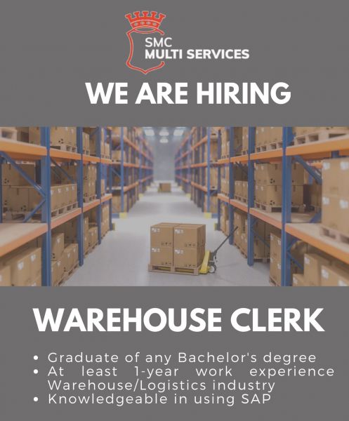 Jobtalk - Warehouse Clerk vacancy in Pasig! Hiring by SMC Multi-services Inc.