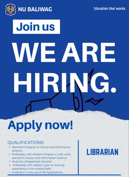 Jobtalk - Librarian vacancy in Baliuag! Hiring by NU Baliwag