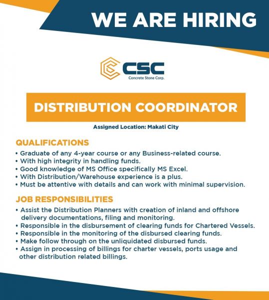 Jobtalk - Distribution Coordinator vacancy in Makati! Hiring by Concrete Stone Corp.