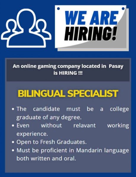 Jobtalk - Bilingual Specialist vacancy in Pasay! Hiring by Bershaw Consultancy