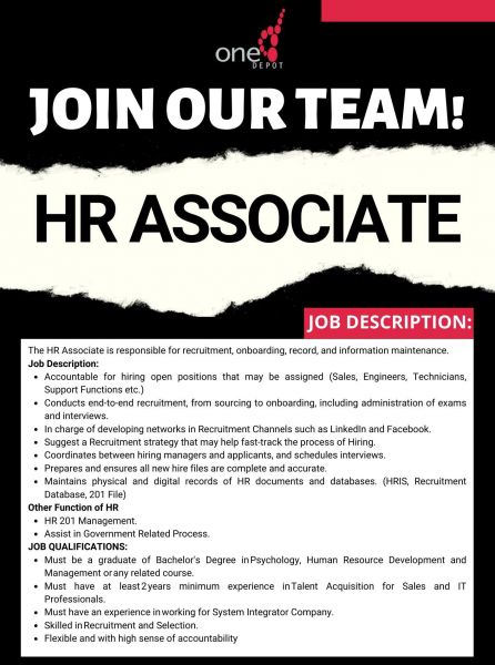 Jobtalk - HR Associate vacancy in Makati! Hiring by One Depot