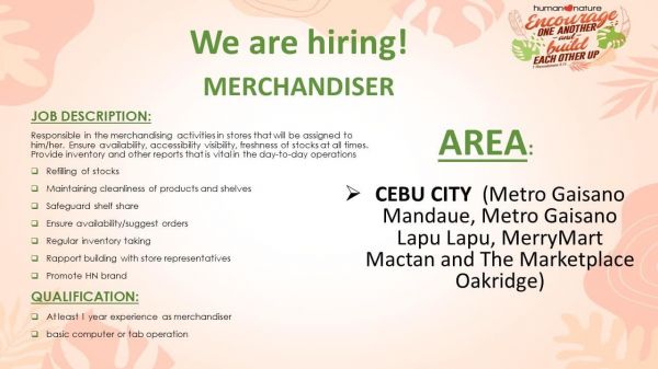 Jobtalk - Merchandiser vacancy in Cebu City! Hiring by Gandang Kalikasan Inc.